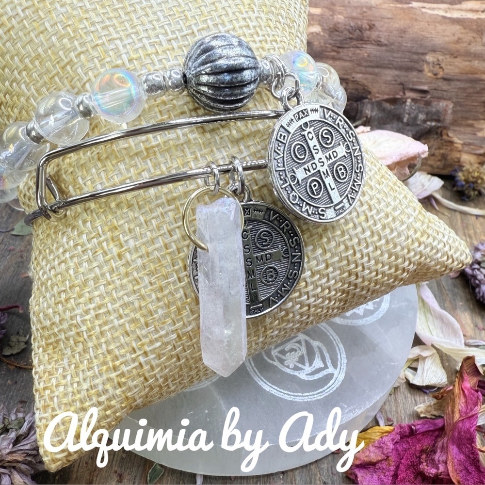 Statement silver bracelet  set  selenite aura quartz big Saint Benedict medals